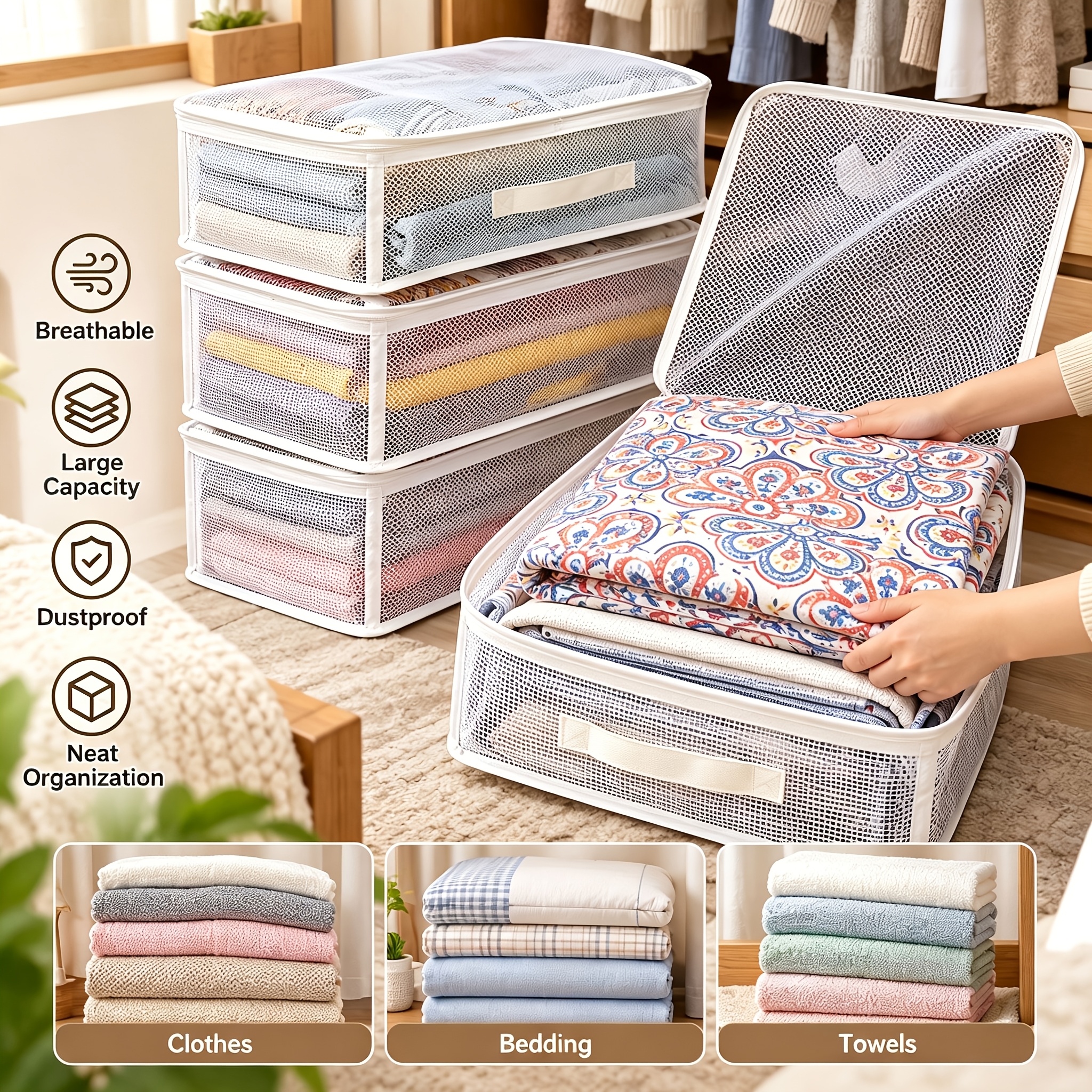 TEMU 3pcs Foldable Bed Sheet Storage Organizer Bags With Sturdy Zipper | Large Capacity Storage Box For Blankets, Quilts, And Down Comforters,