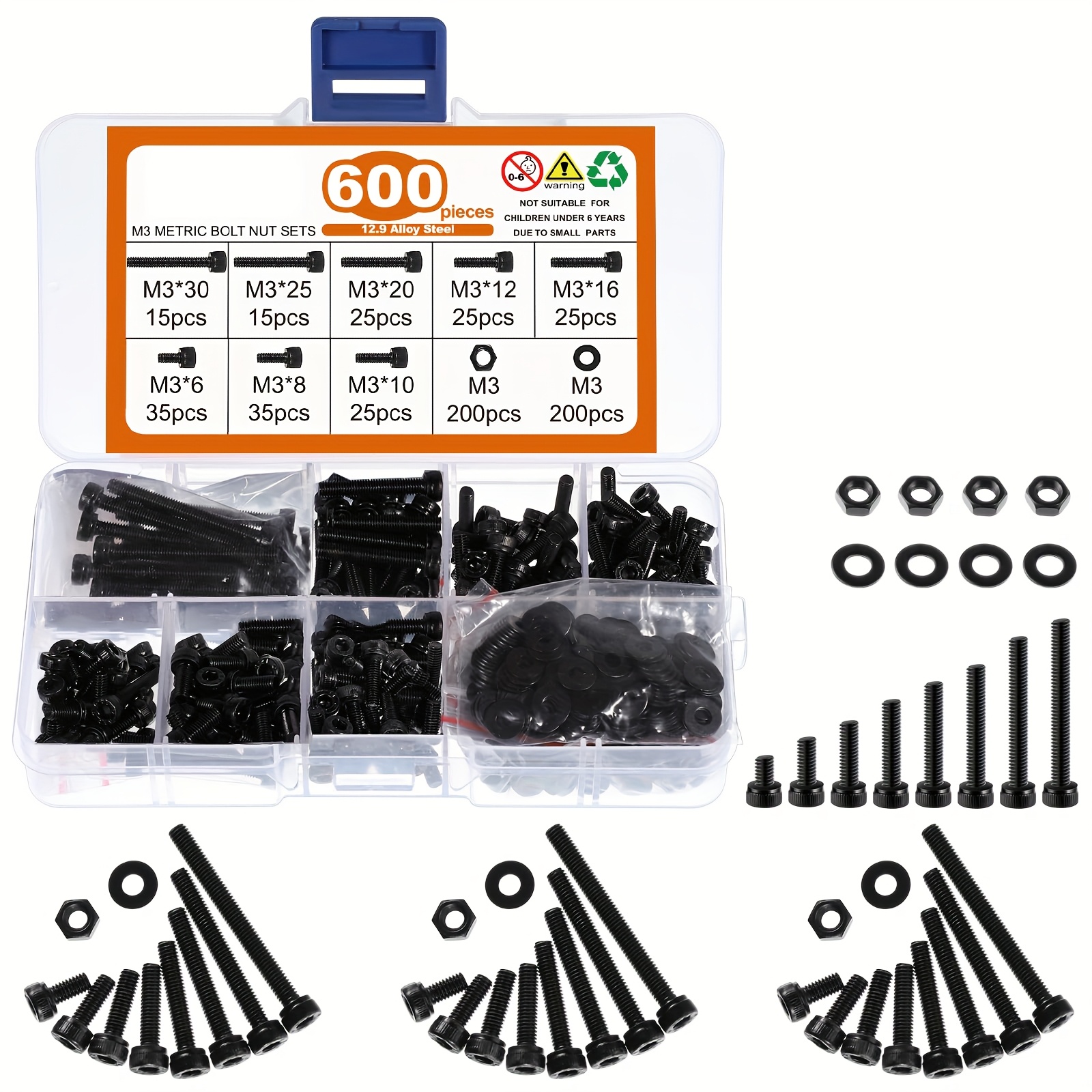 Image of 600pcs M3 Screws Assortment Kit, M3x 6/8/10/12/16/20/25/30mm M3 Screw Kits 12.9 Alloy Steel Nuts And Bolts Assortment Kit Black Plated Hex Socket Head Screws Nuts Bolts And Washers Set