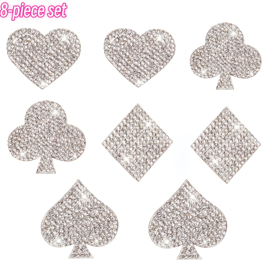 Image of 8 Pack Rhinestone Iron On Patches Suitable For - No-sew Heat Transfer Decals With Sparkling Heart, Spade, Club Shapes, For Jeans, Jackets, Bags (assorted Colors) | Rhinestone Embellishments, Kit
