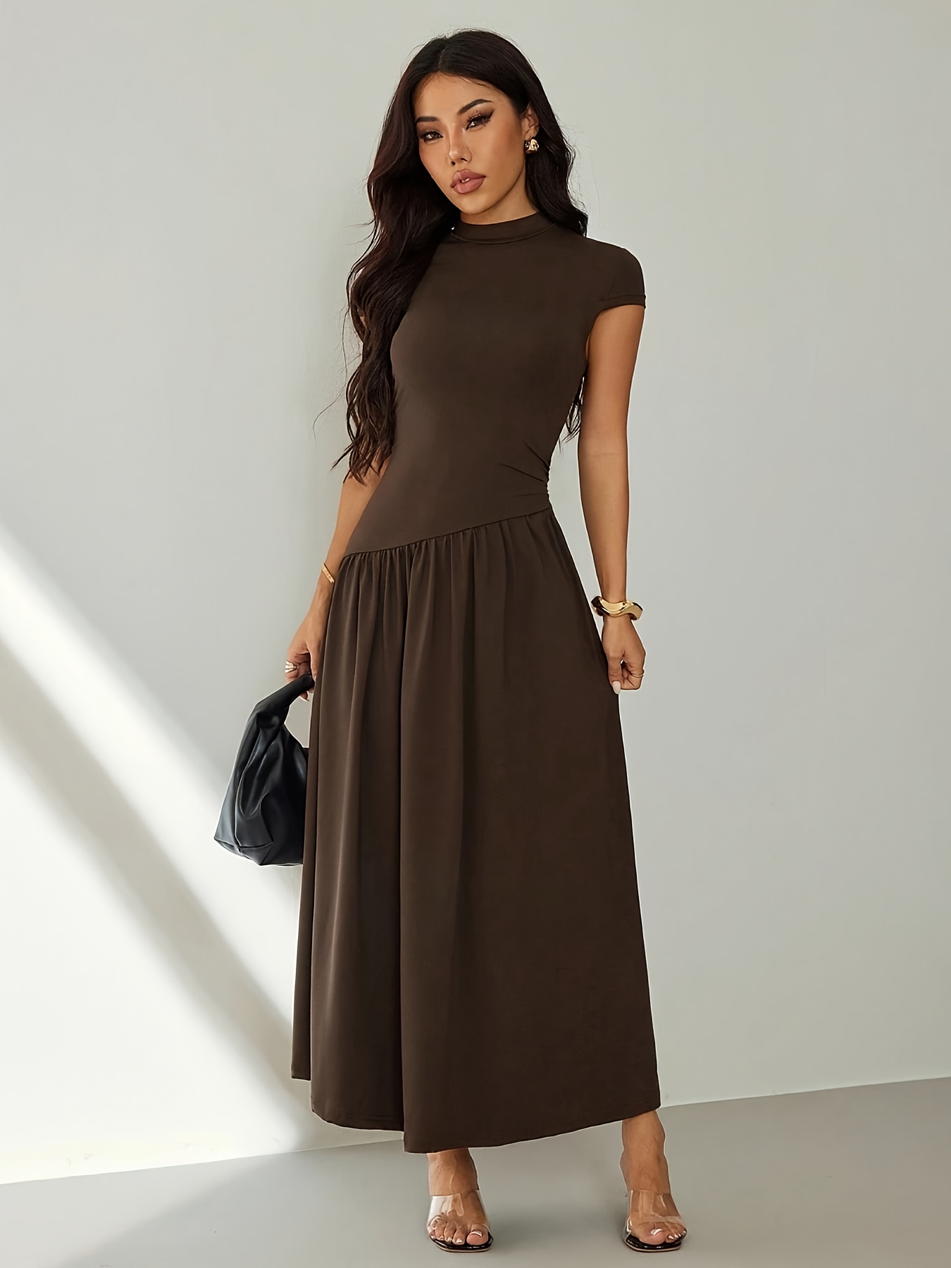 womens solid color stand collar puff sleeve pleated long casual dress summer dress
