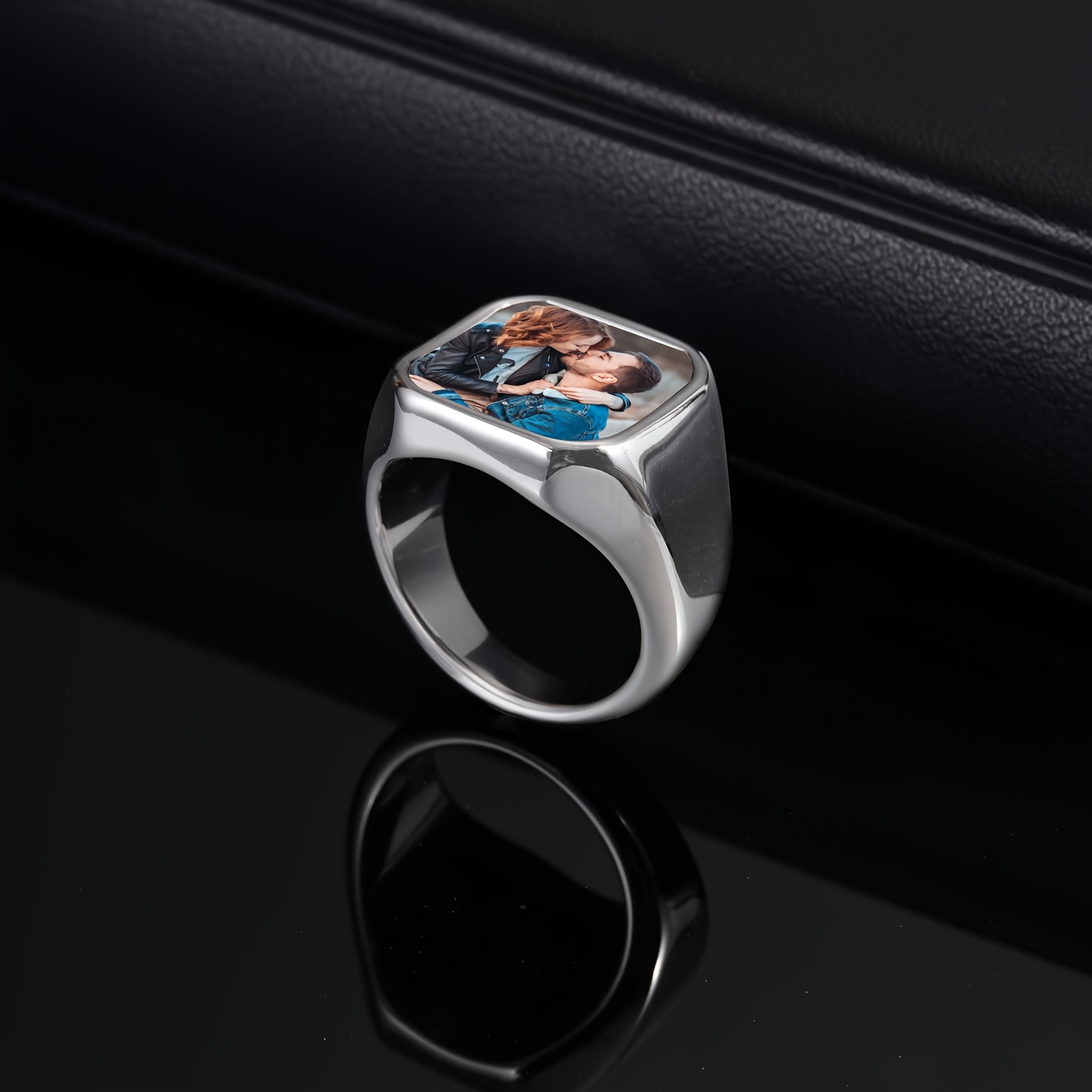 TEMU Custom Photo Engraved Ring - Personalized Photo & Text/number/date/ Suitable For Weddings, Anniversaries, Birthdays - Unisex Jewelry Gift For ,