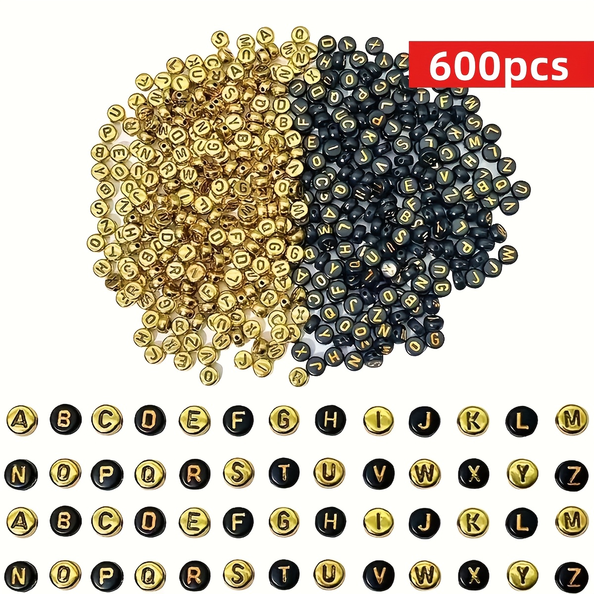E-shop 600-teiliges Acryl-Alphabet-Perlen-Sortiment, schwarz & golden, Buchstabenperlen A-Z für DIY-Schmuckherstellung Bastelbedarf, Perlen für
