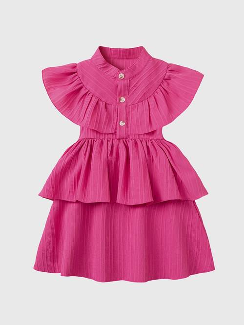 girls solid color vintage y2k button front dress multi tiered suitable for weddings parties casual attire machine washable stand collar dress