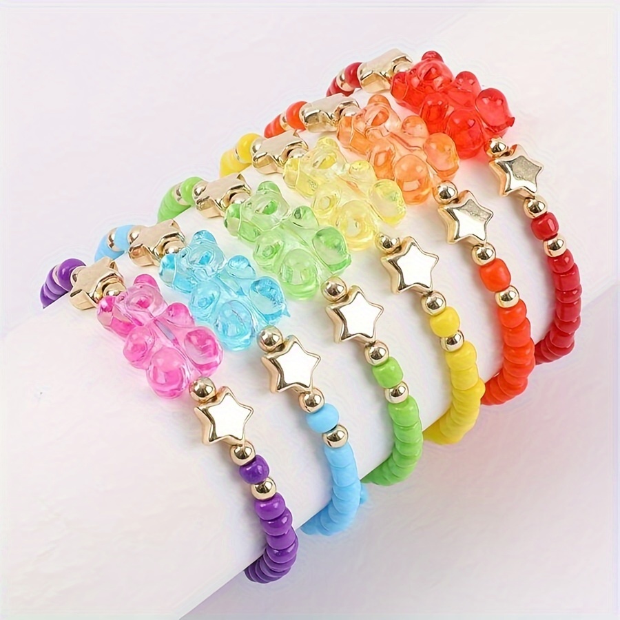 6-piece Colorful Beaded Bracelets Set, Cute Transparent Bear Charms, Rainbow Stretch Wristbands, Fun Fashion Jewelry Accessory