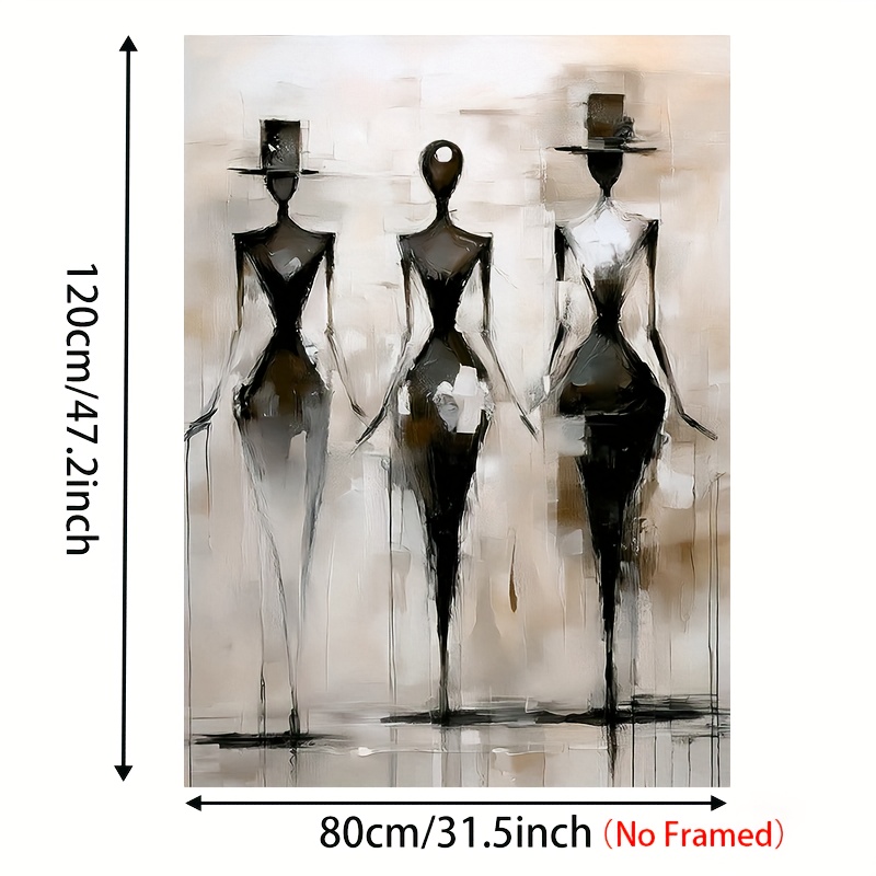 TEMU 2d Flat, 2d/flat 1pc Three-figure Art Painting, Black And White Abstract Canvas Wall Decor, Large-scale Print, Frameless Home Artwork For Living