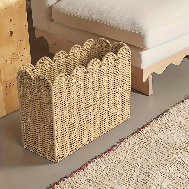 TEMU 1 Stück Boho Farmhouse Gewebter Rattan Magazine Holder - Handgefertigte Gewebte Korb mit Wellenrändern, Mehrzweck-Aufbewahrung für Magazine,
