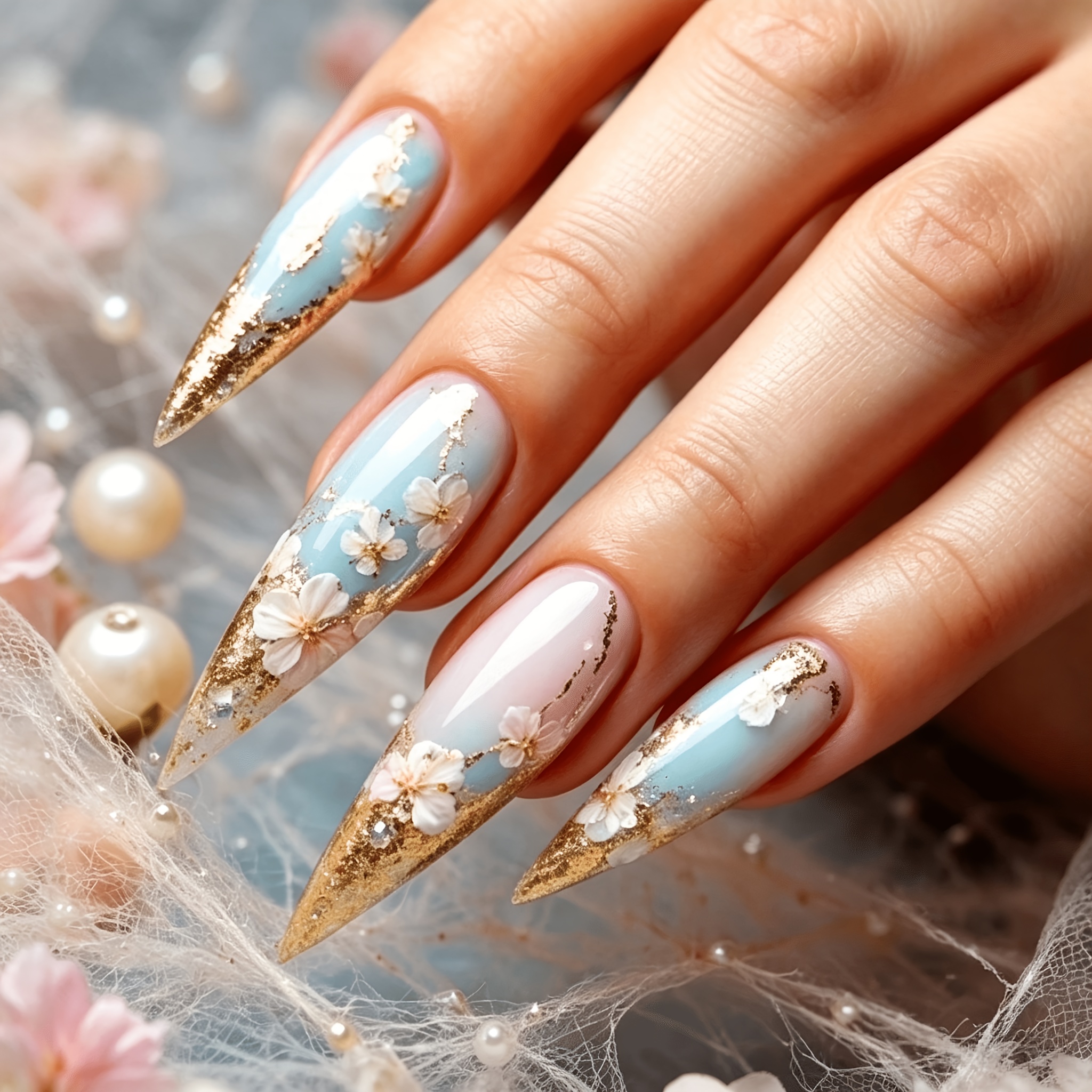 TEMU 24pcs Long Stiletto Almond Press-on Nails, Gradient Fake Nails With 3d , Glossy Reusable Artificial Nail Tips For Wedding Party Bridal Manicure