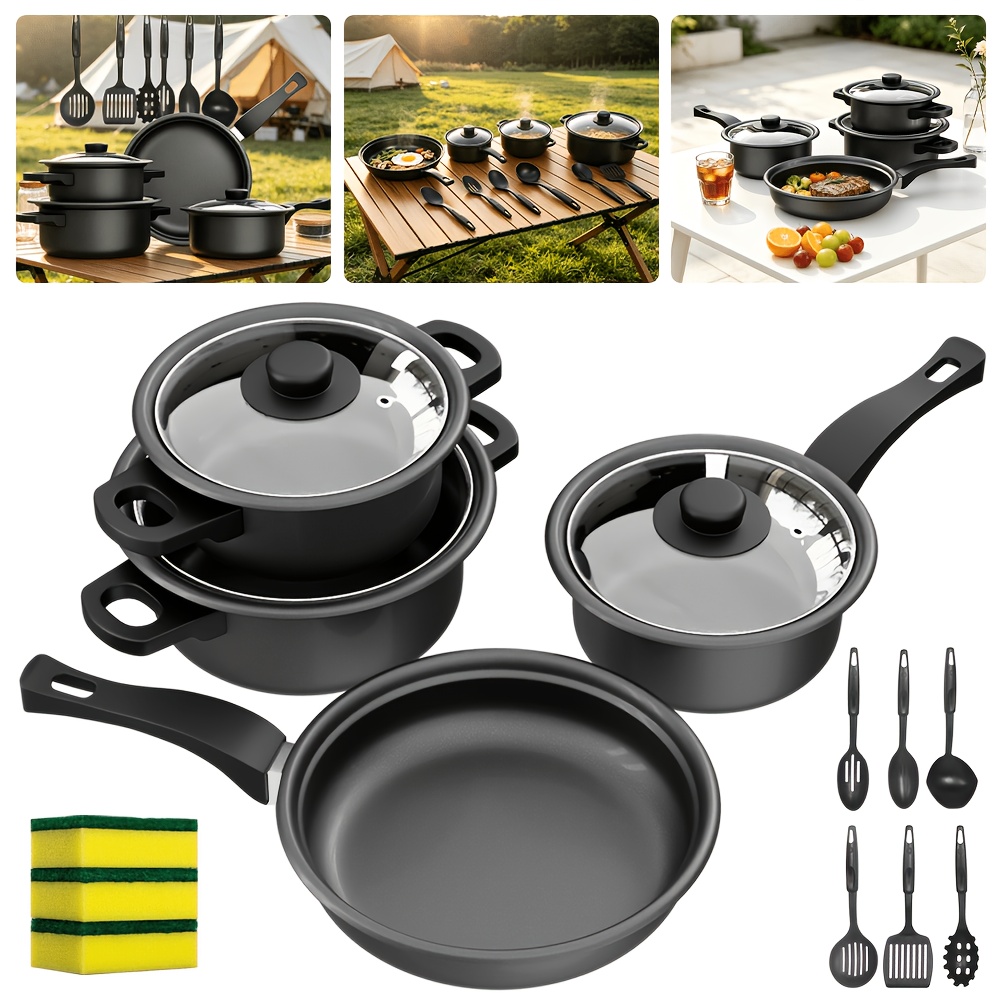TEMU 13pcs Cookware Set With Coating - Home Cookware, Lightweight Pots & Pans (frying Pan, Sauce/soup Pot) + Utensils (spatula, Slotted Spoon, Ladle)