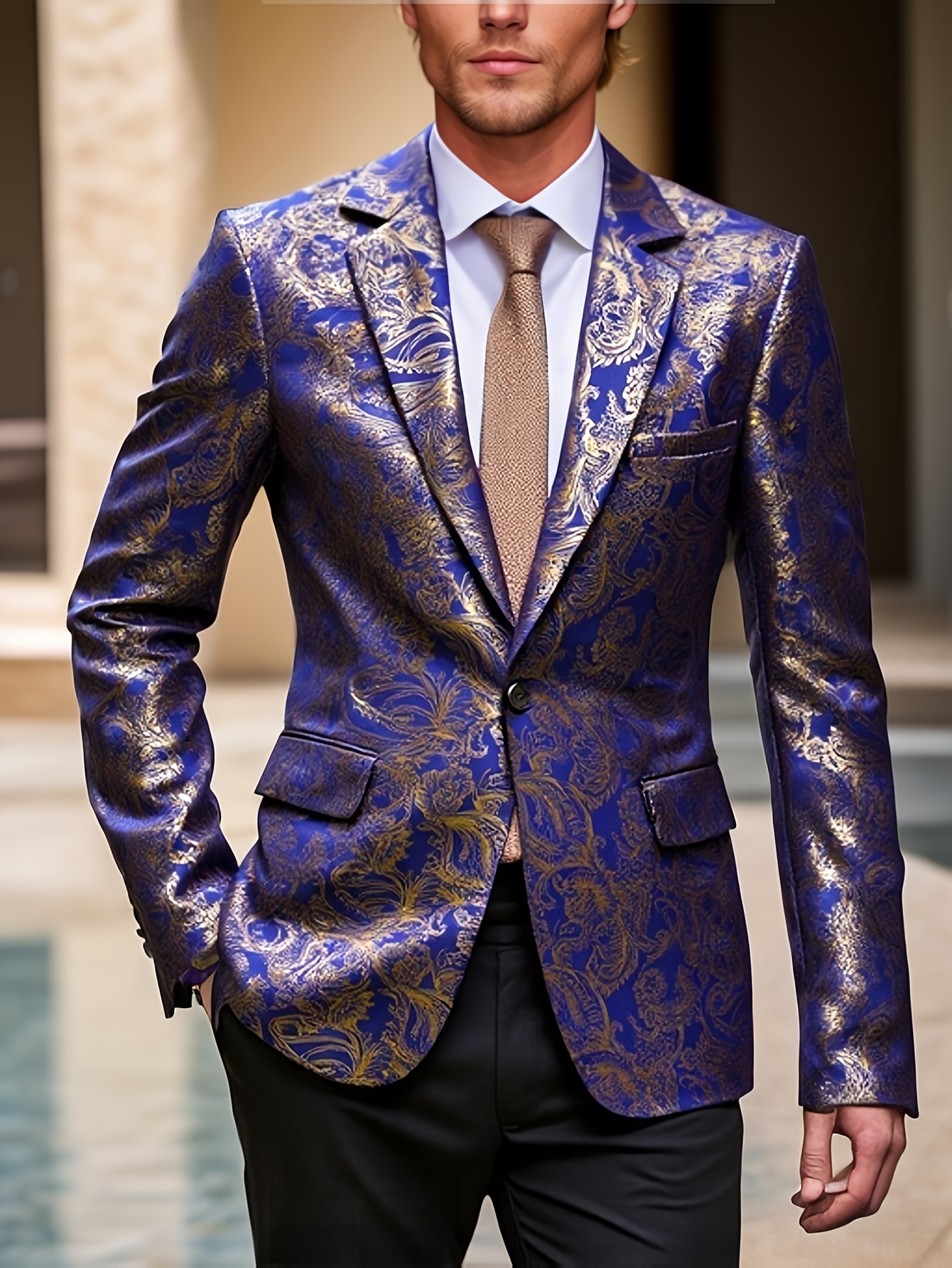 Men's Golden Paisley Graphic Print Blazer, Casual One Button Lapel Suit Jacket For Spring Fall Business Banquets, Parties, Outdoor Cloth