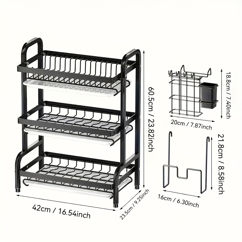 TEMU 1pc Large Three-tier Kitchen Dish Rack, Quick Draining, With Utensil Holder And Cutting Board Holder, Countertops Dry - Multi-functional Dish