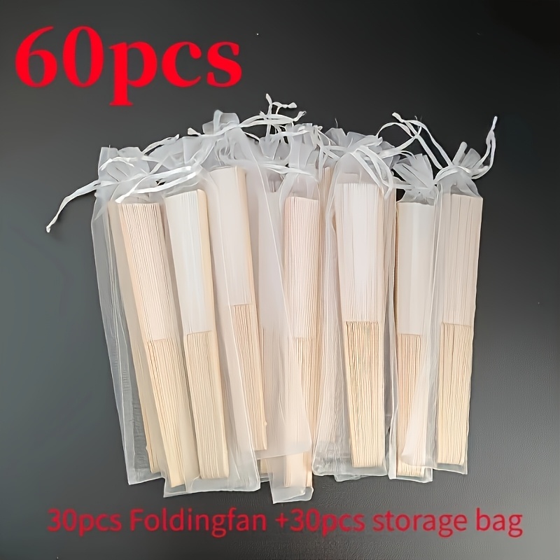 TEMU 60pcs White Folding Hand Fan Set, Including 30 White Handheld Fans And 30 Storage Pouches, Classic Bamboo Bridal Accessories, Suitable For