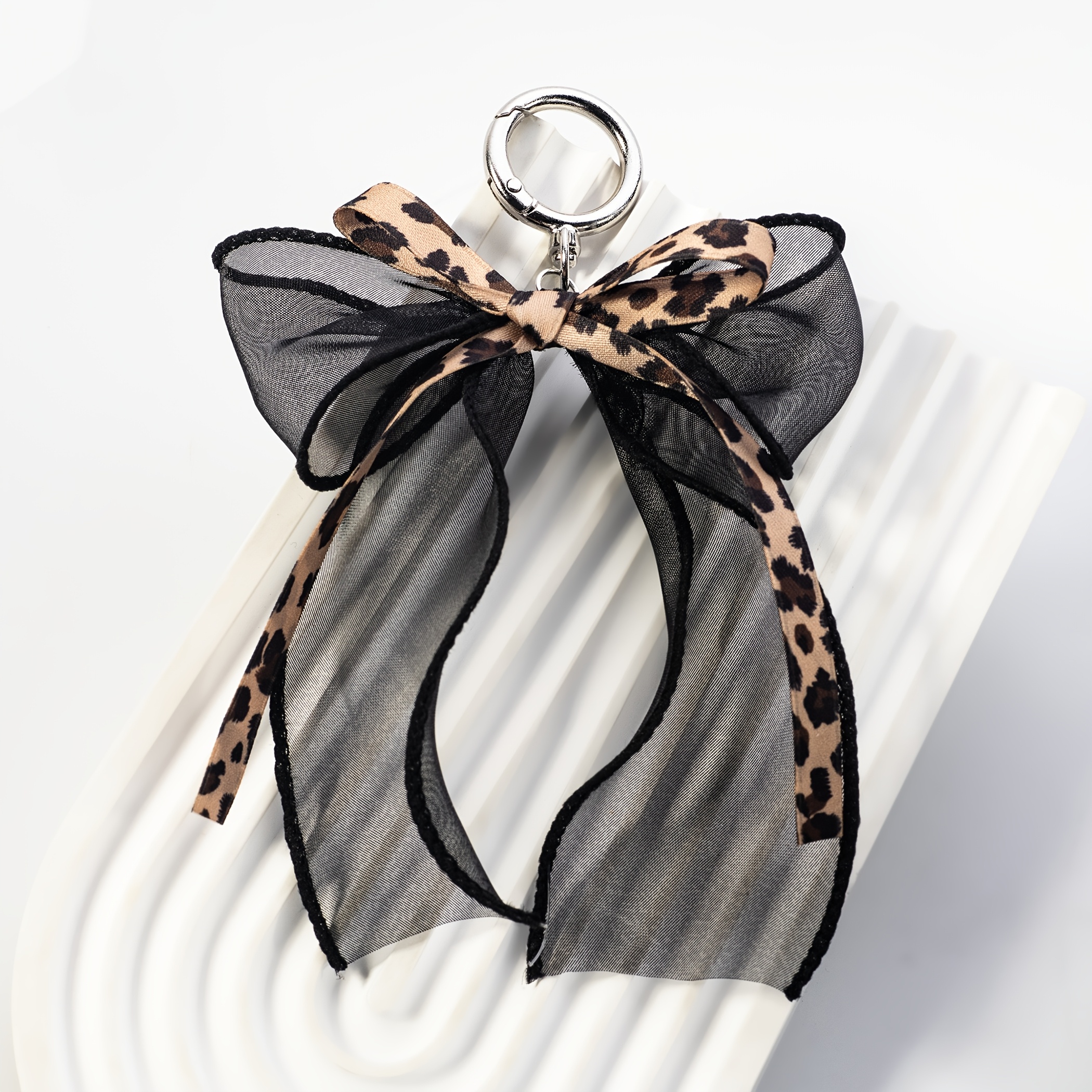 Edging Mesh Fabric Leopard Print Bow Keychain - Bag And Key Additions