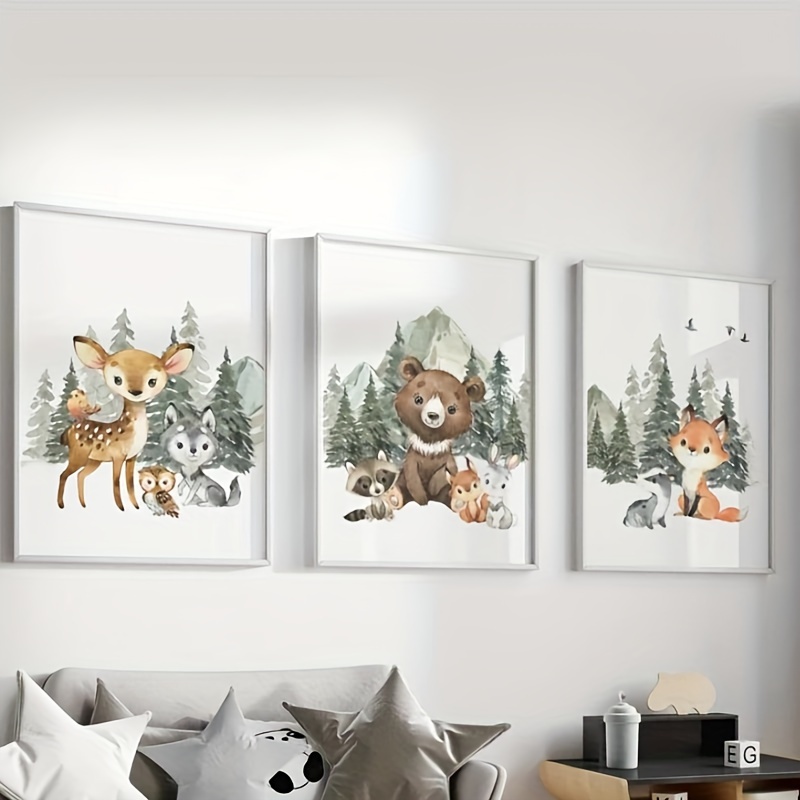 3pcs Woodland Canvas Prints Cute Animal Posters Animal Wall Artwork For ...