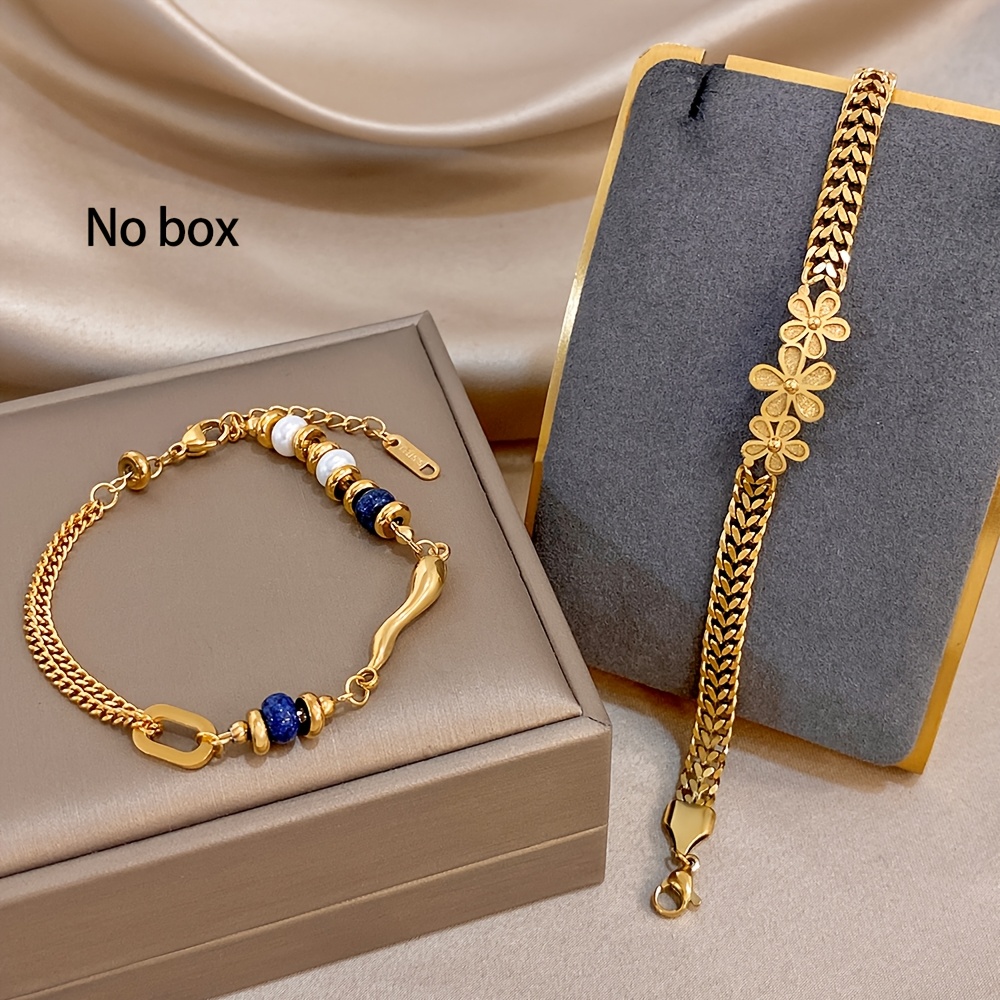 2pcs Vintage Double-Layer Chain Bracelet Set with Blue Stone