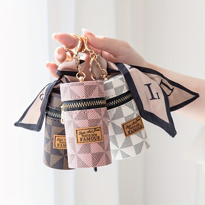 

Chic Mini Vintage Bucket Coin Purse Keychain - Compact Faux Leather Accessory With , Zippered Lipstick & Makeup Bag, Earbud Organizer - Perfect Gift For Women