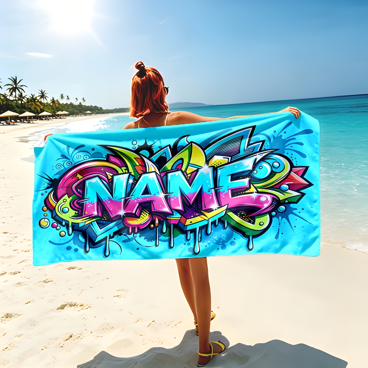 TEMU Custom 1pc, Light Contrast Splatter 3d Graffiti Name Beach Towel, Customizable English Name Personalized Bath Towel, Quick-dry Anti-sand