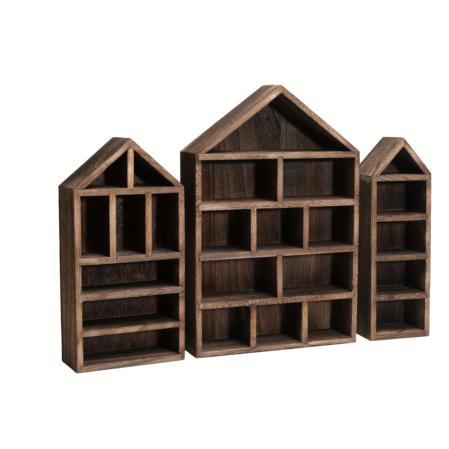 

House-shaped Wooden Shadow Cubby Box Display Shelf Organizer Storage Shadow Box For , Set Of 3, Brown/white/black Color, 10in W X 2.25in D X 15in H