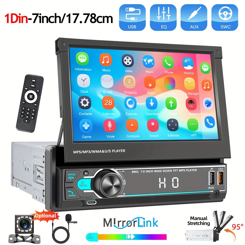 

1din Car Stereo 7" Hd Retractable Touch Screen Car Mp5 Player Mirror Link Support Fm/eq/aux/tf/usb With Rear View Camera & Mic Optional