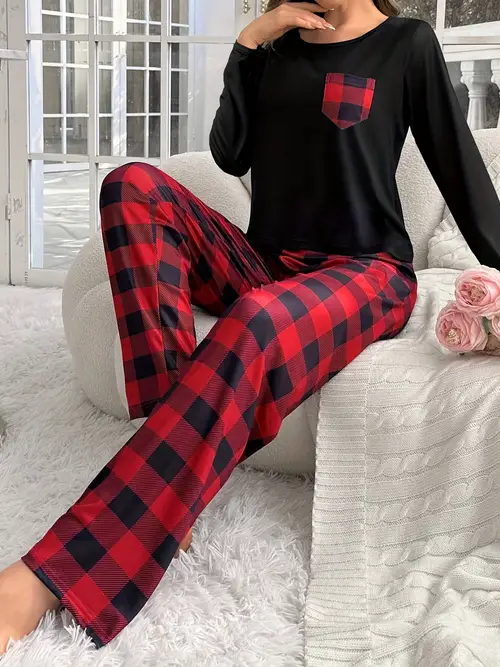 autumn and winter womens pajamas with long sleeves pants checkered top with pocket wear set