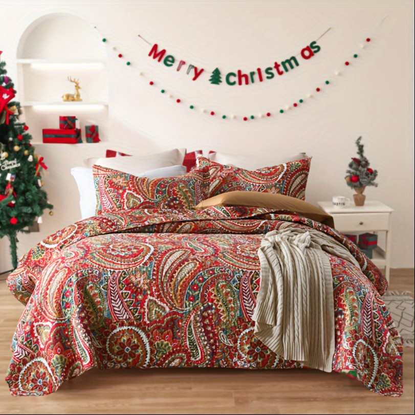 

100% Cotton Christmas Bedspread Quilt Sets Bedding Coverlet Sets Winter Thermal Comforter Floral Paisley Pattern King Queen Size