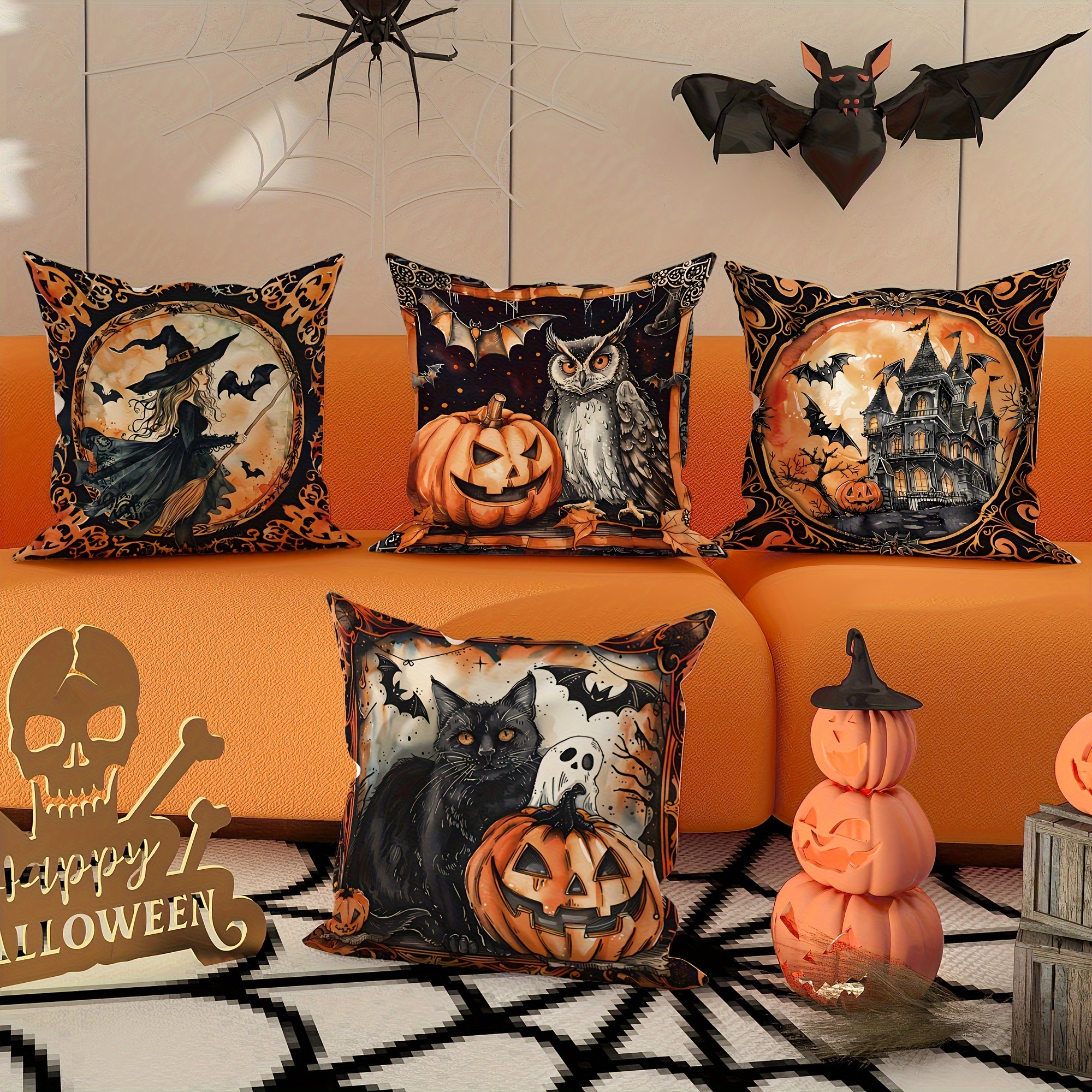 

4pcs Halloween Set - , , , Haunted & Owl - Washable For , Bedroom, Sofa, Decor - No Included