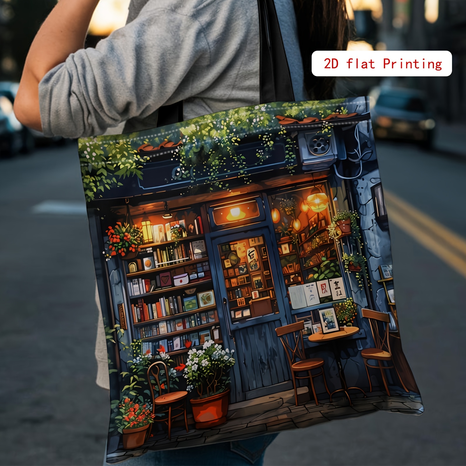 TEMU Christmas Gift, 2d Printed Tote Bag, Charming Bookstore, Outdoor Café, Shopping Bag, Women's Shoulder Bag