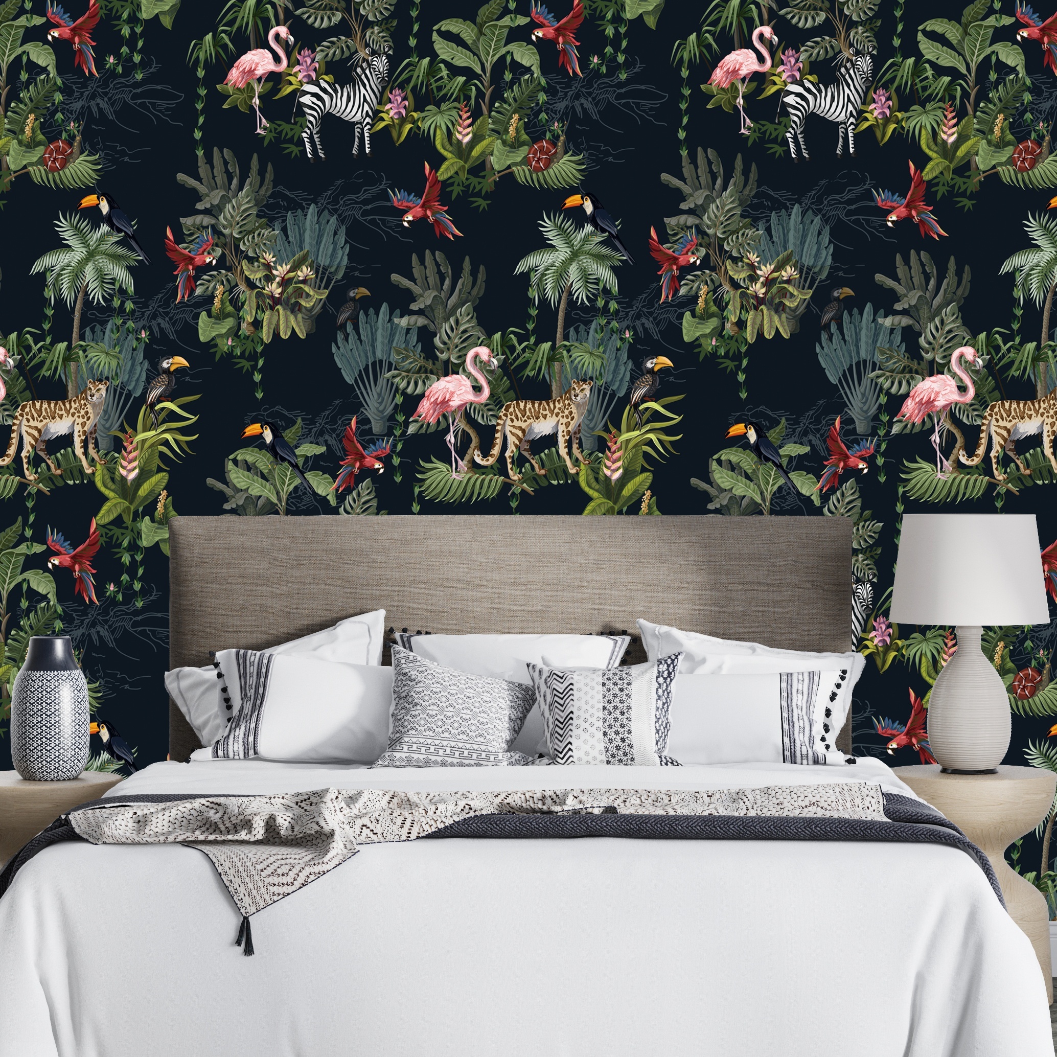 

1 Roll Tropical Jungle Animal Wallpaper, Vinyl Self-adhesive Peel & Stick, Flamingo Zebra Palm Print For Home Furniture Bathroom Decor, 21.7in X 94.5in, Black/green/brown, Waterproof & Textured