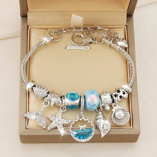 1pc mermaid tail beaded pendant bracelet with blue imitation crystal and shell