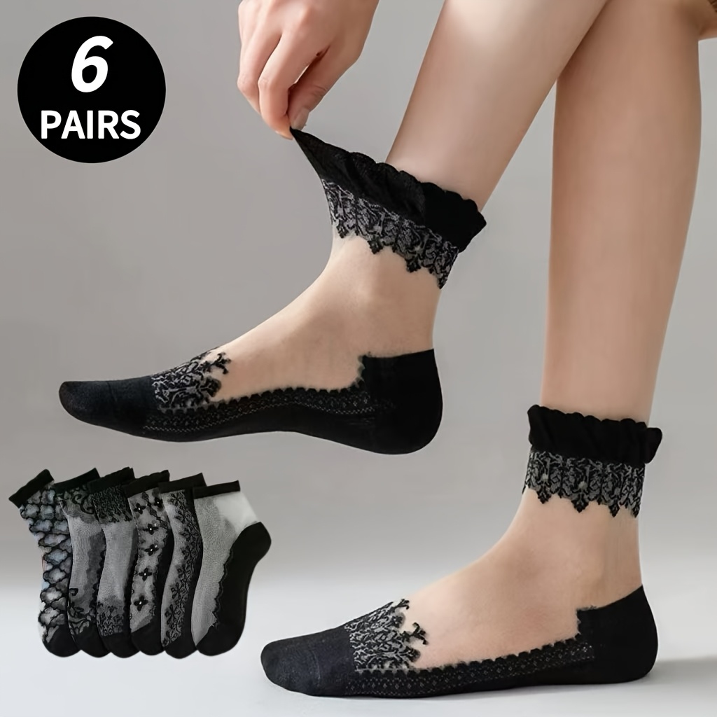 TEMU 6 di calzini corti da donna in stile vintage, calzini di e traspiranti per ed estate, calze a rete con bordi in pizzo e bordi a bolle, calzini