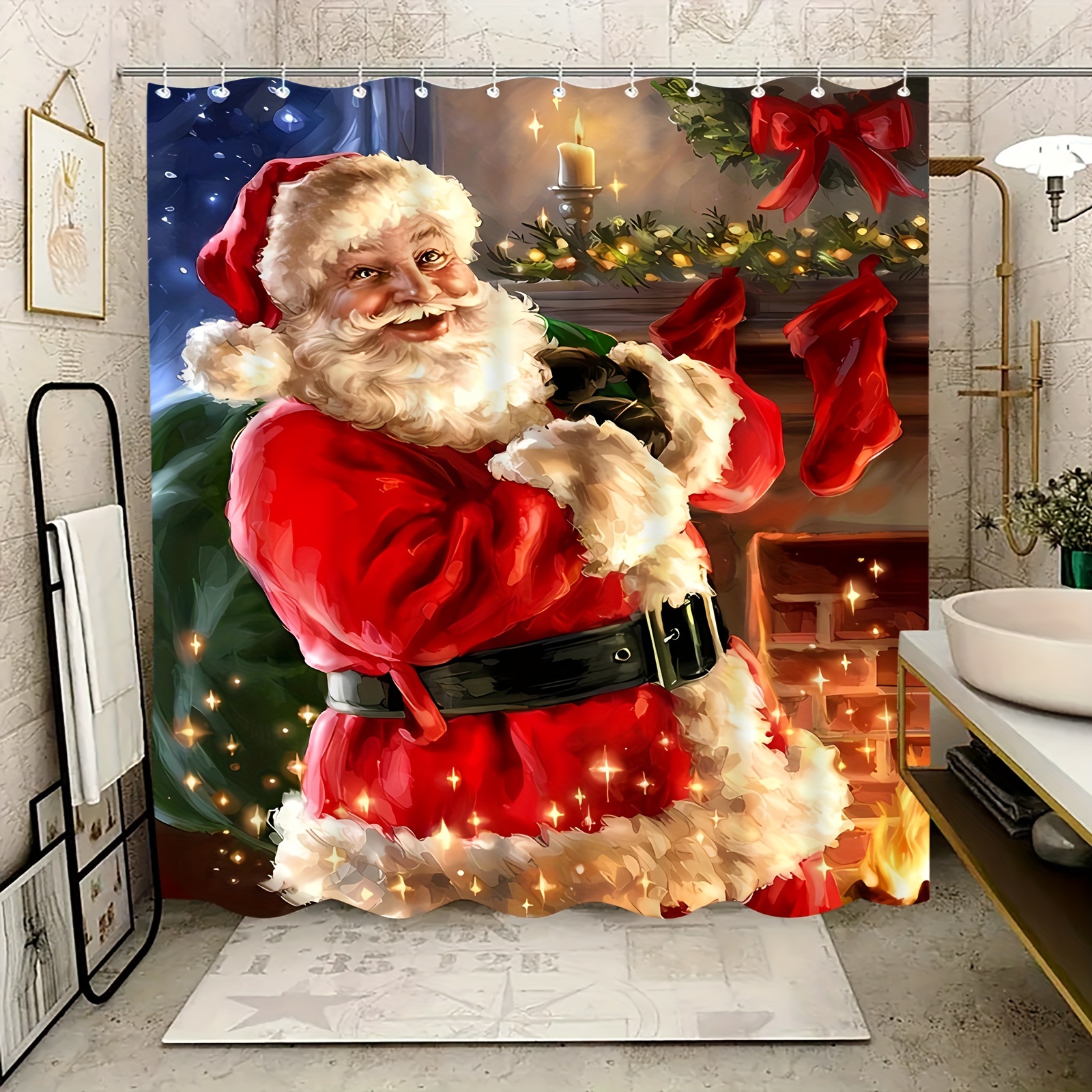 

Santa Claus Gift-themed Shower Curtain - Waterproof & Moisture-repellent, Includes Hooks, Perfect For Christmas Bathroom Decor