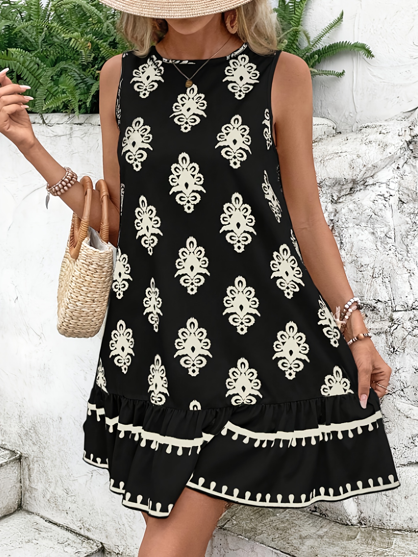 womens black floral print sleeveless twill maxi dress ruffle - Temu Mexico