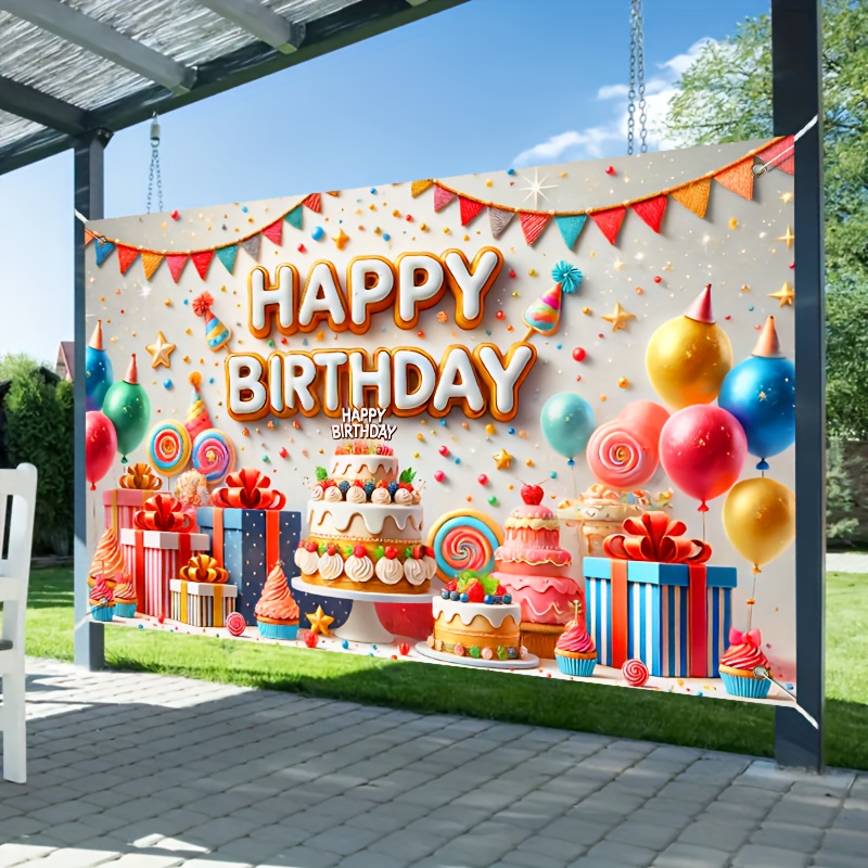 

Charming 3d Cake & Gifts Birthday Banner - White Polyester, Perfect For Home & Outdoor Decor, 71x44 Inches, Ideal For Parties, Baptisms & More