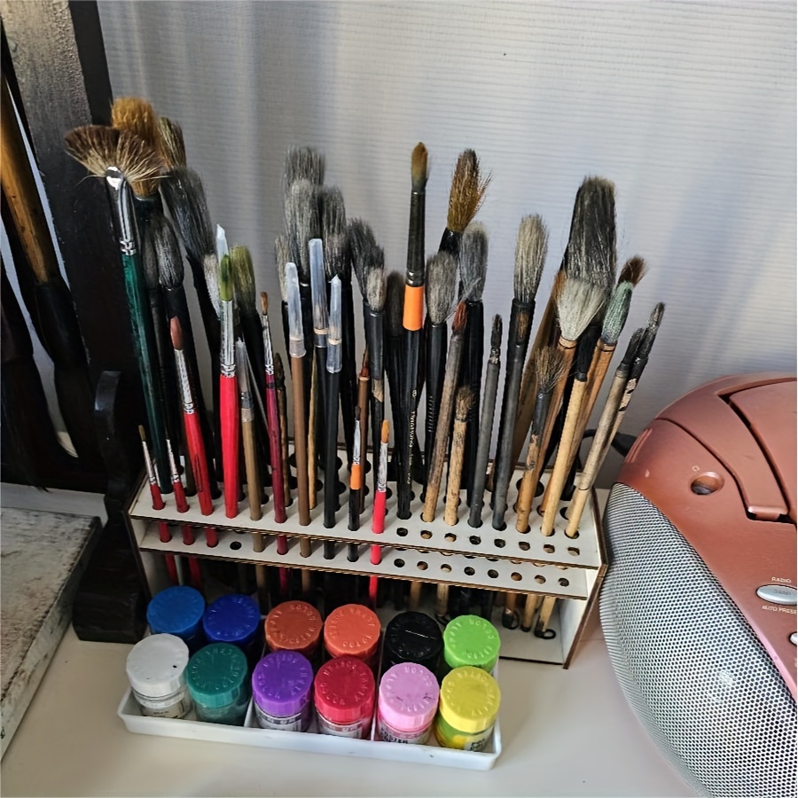 

1pc Wooden Pen Storage Box, Homemade Brush Storage Box, Wooden Desktop Pen Holder, Holds 67 Painting Brushes, Art Supplies