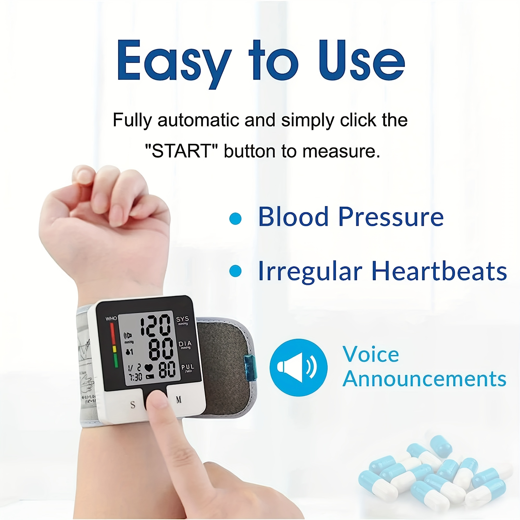 automatic wrist blood pressure monitor with adjustable cuff 90x2 memory storage large lcd display and heart rate sphygmomanometer readings battery powered for home use wrist bp monitor userfriendly design clear   Product details 4