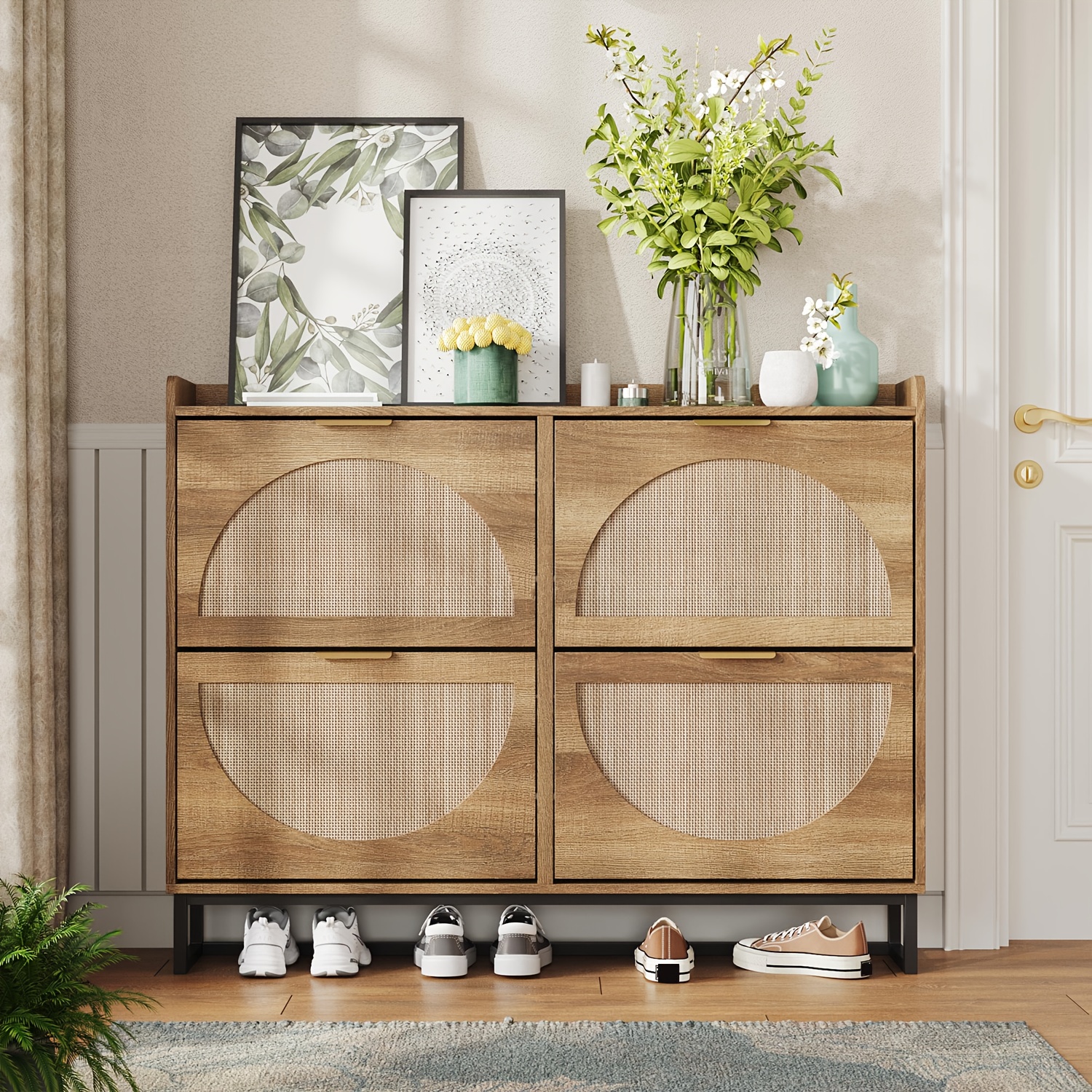rustic oak rattan shoe storage cabinet with 4 flip drawers narrow freestanding shoe cabinet and shoe storage organizer with metal legs hidden golden handles entryway shoe rack organizer ideal for shoe racks