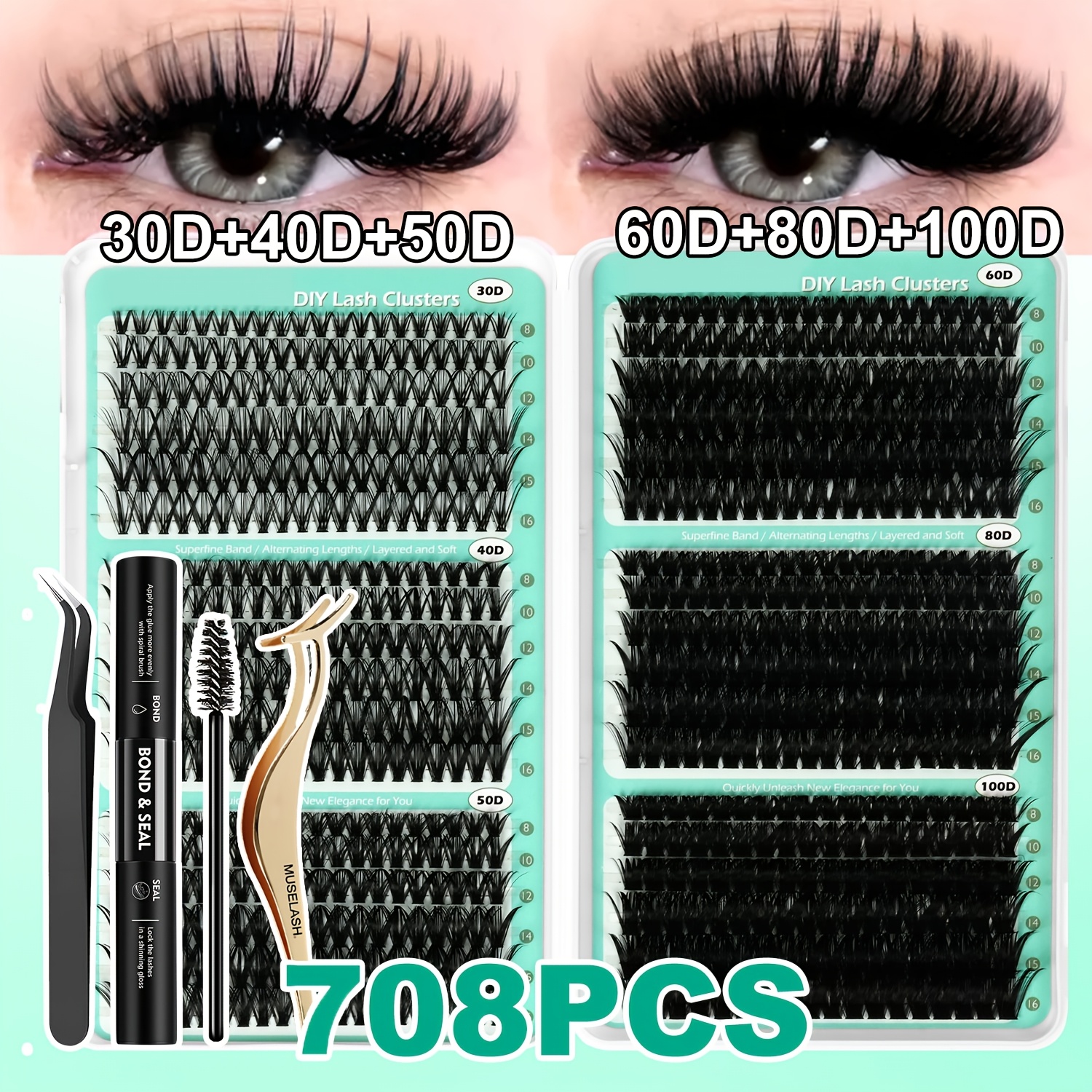 TEMU 708pcs Lash Clusters Kit With Glue, Tweezers, And Brush, Reusable Eyelash Clusters For Look, Soft And Comfortable Cluster Lashes With