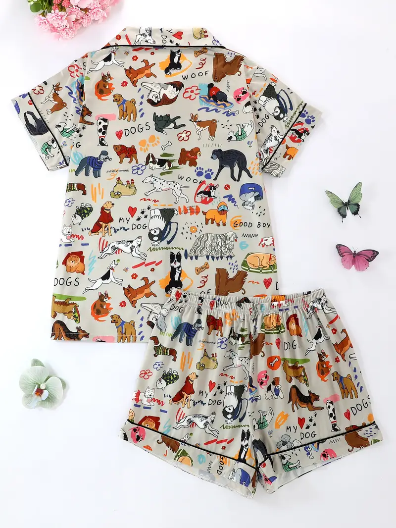 womens pajama set with animal print short sleeve button up shirt loose elastic shorts cool summer wear casual sleepwear and loungewear polyester fabric cute pajamas Product details 1
