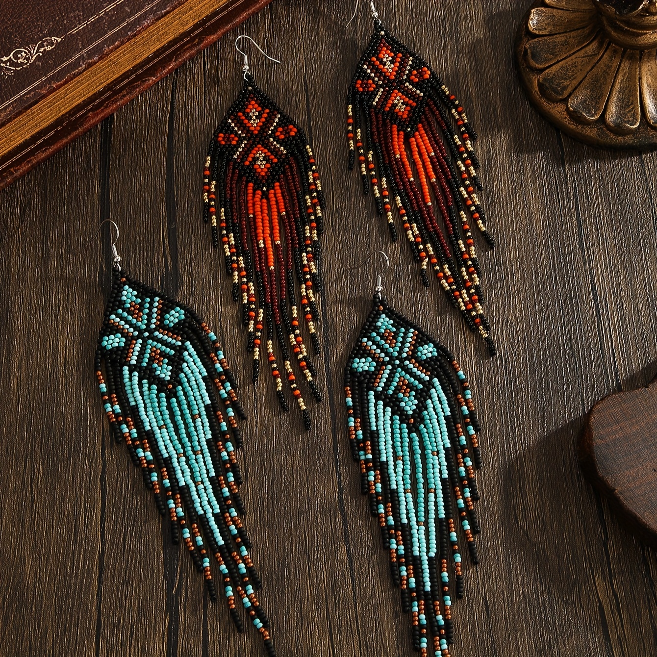 Handmade Bohemian Retro Rhombus Drop Earrings, Red & Turquoise