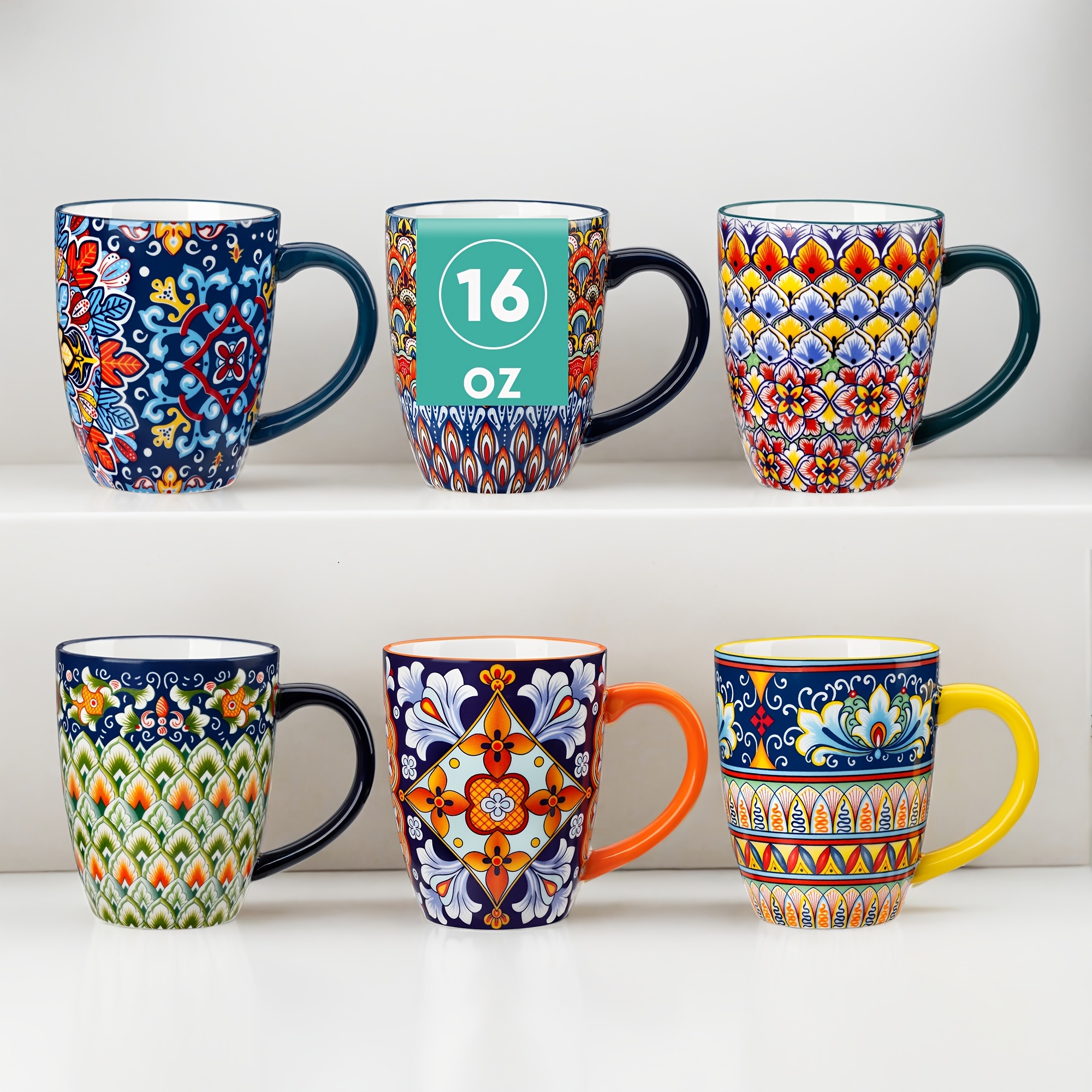 E-shop Boho Kaffeebecher 12/14/16/18 Unzen - Porzellanbecher für Latte, Tee, Cappuccino, Schokolade, Suppe, Spülmaschinen- und Mikrowellengeeignet,
