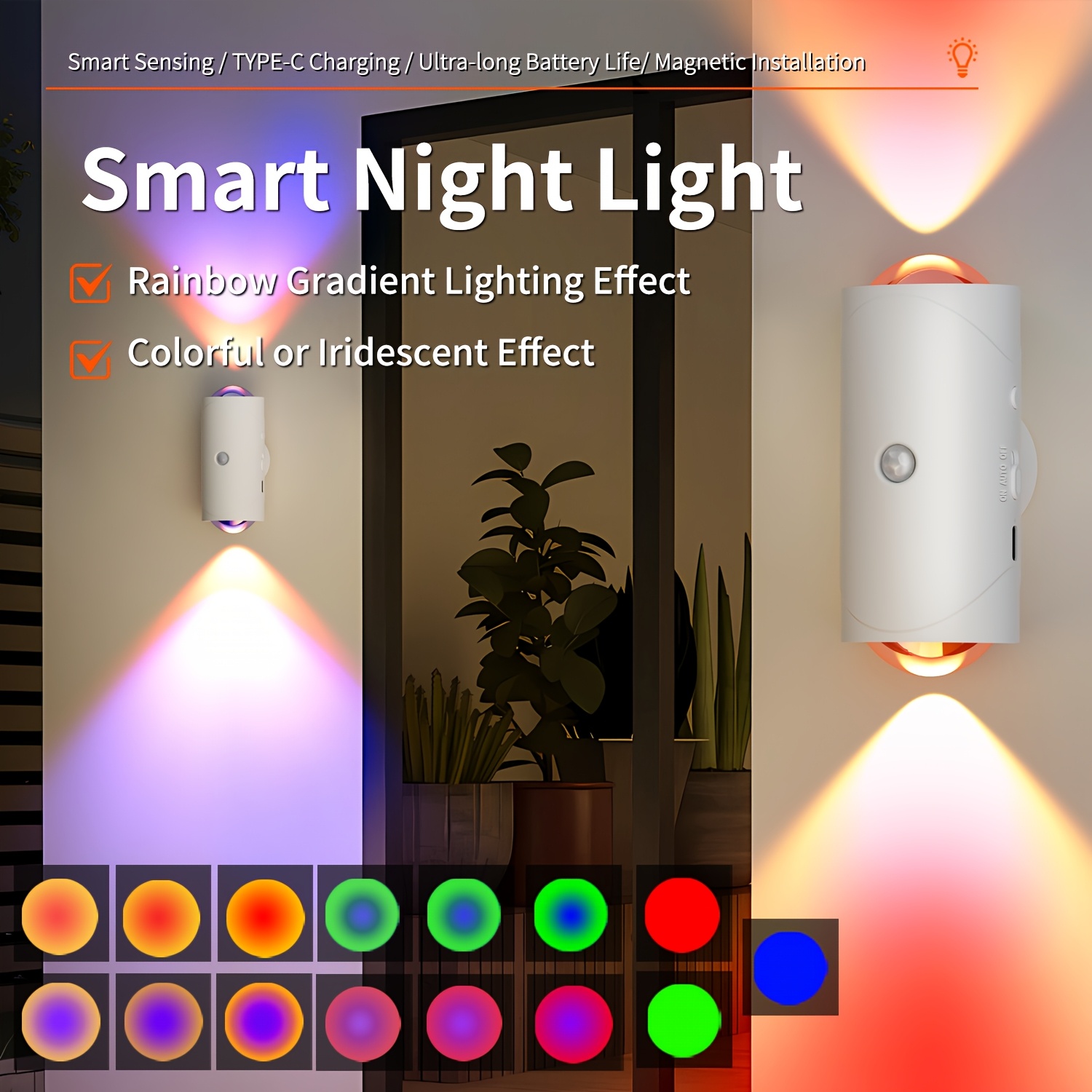 

1pc Smart Led Night Light With Motion Detection - Rechargeable, Rgb Gradient Lighting, For - Ideal For , Bedside Tables, Desks, Wardrobes - Usb Powered, 1500mah Battery