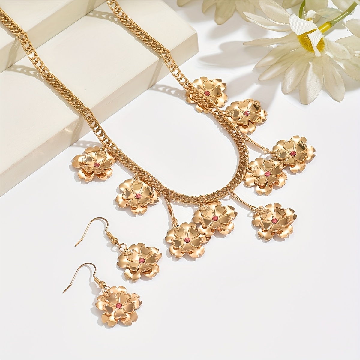 2pc Seasonal Flower Pendant Jewelry Set, Necklace & Earrings