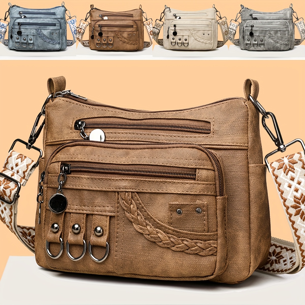 perfect lily womens bohemian vintage crossbody bag multi pocket adjustable shoulder bag synthetic leather compact purse for daily   travel beach gift for mom friends light brown gray white beige blue yellow beach carryall bag textured finish purse sturdy zipper closure secure snap pockets Product details 1