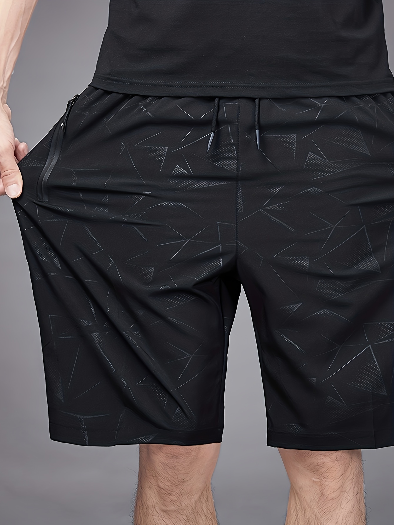 3pcs Men's Athletic Shorts - Quick-Dry Breathable Stretch Fabric with Geometric Print, Adjustable Drawstring Waist & Zipper Pockets for Gym, Running, Cycling, Hiking, Beach & Casual Wear