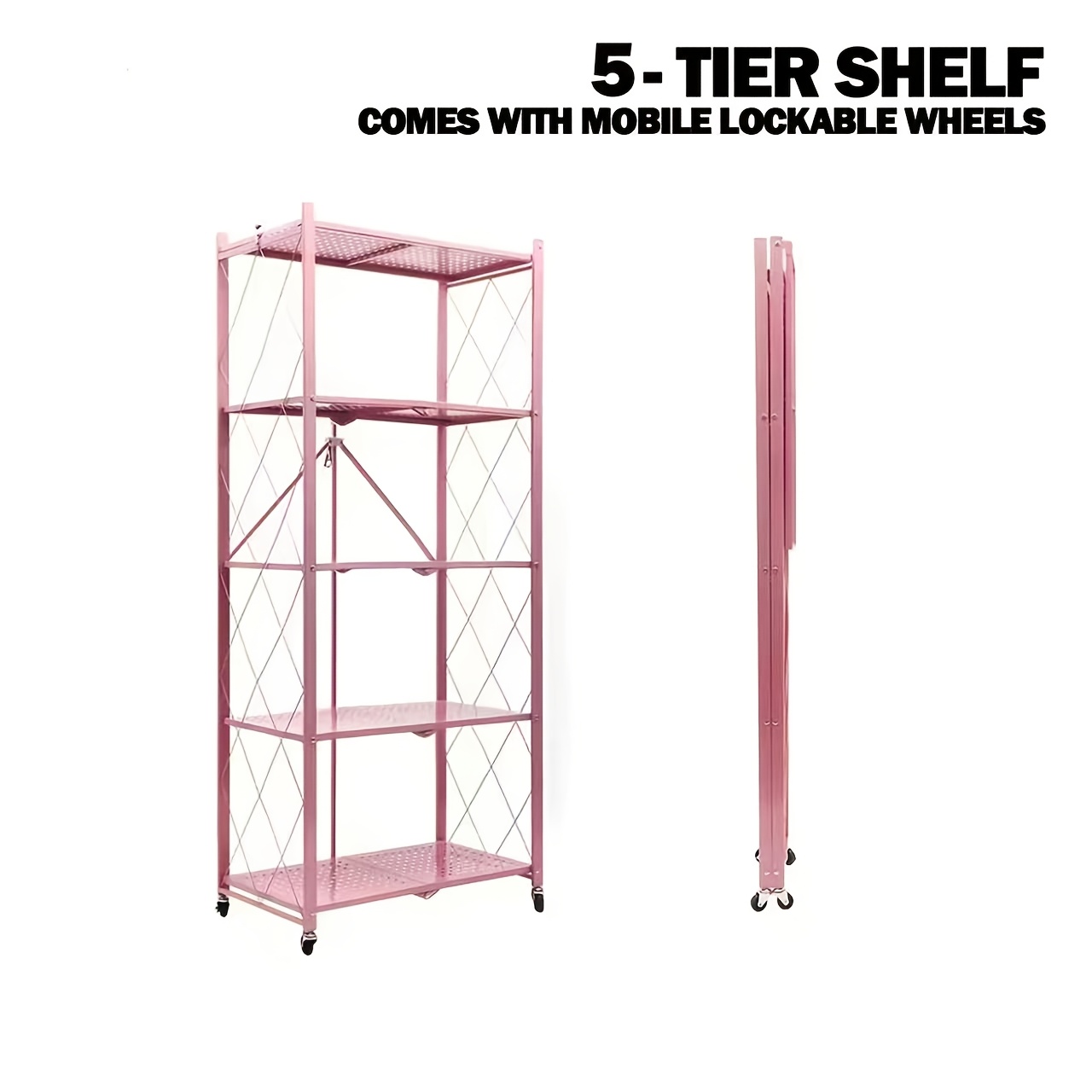 TEMU 3/4/5- Tier Movable Vertical Multi-functional Storage Racks, Portable Metal Folding Storage Racks With Locking Wheels, Large - Capacity
