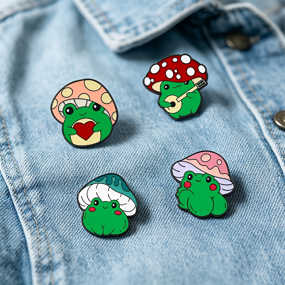 Image of 4pcs Exquisite Creative Frog Mushroom Shape Cartoon Badge Red Heart Metal Drip Oil Cross-border Animal Brooch Daily Outdoor Clothing, Bags, Shoes Matching Tie Pin Used As Birthday Gift