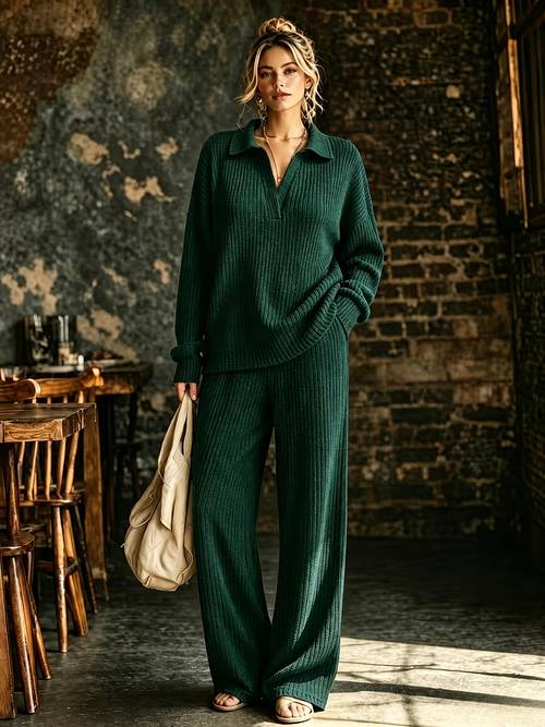 qd260615141 womens solid color v neck long sleeve and long pants set stylish and elegant versatile for casual wear suitable for