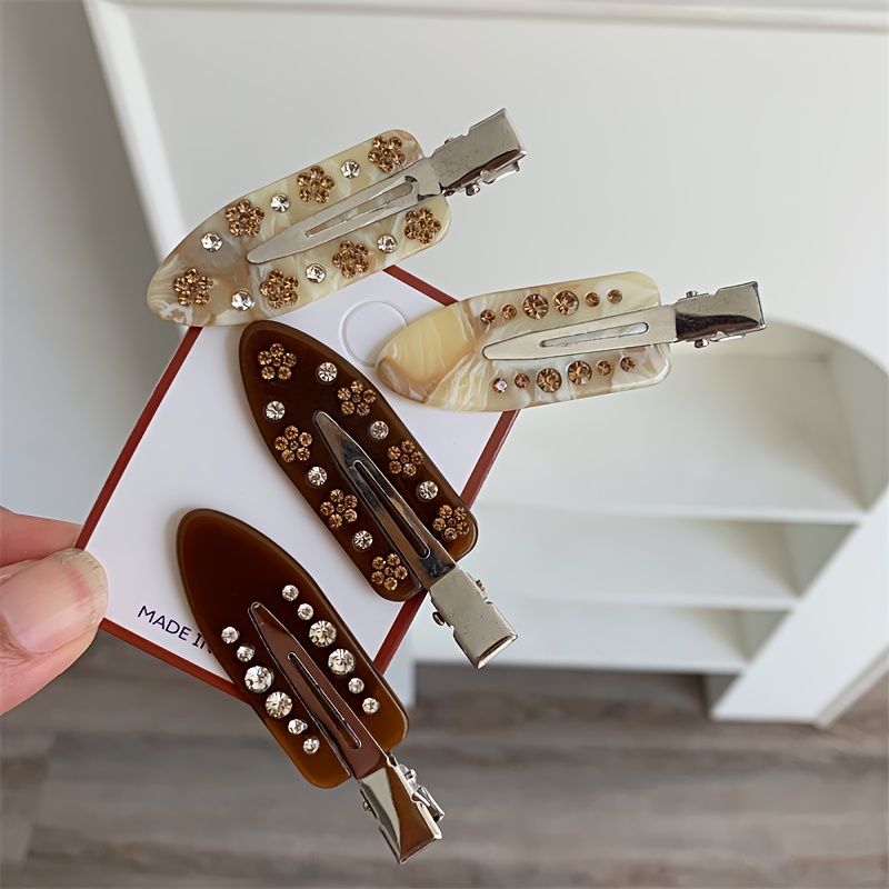 TEMU 4pcs Hair Clips, Old Money Style Acetate Duckbill Clips, Vintage Rhinestone Flower Hair Barrettes For Bangs & Side Hair, Makeup Styling Hair