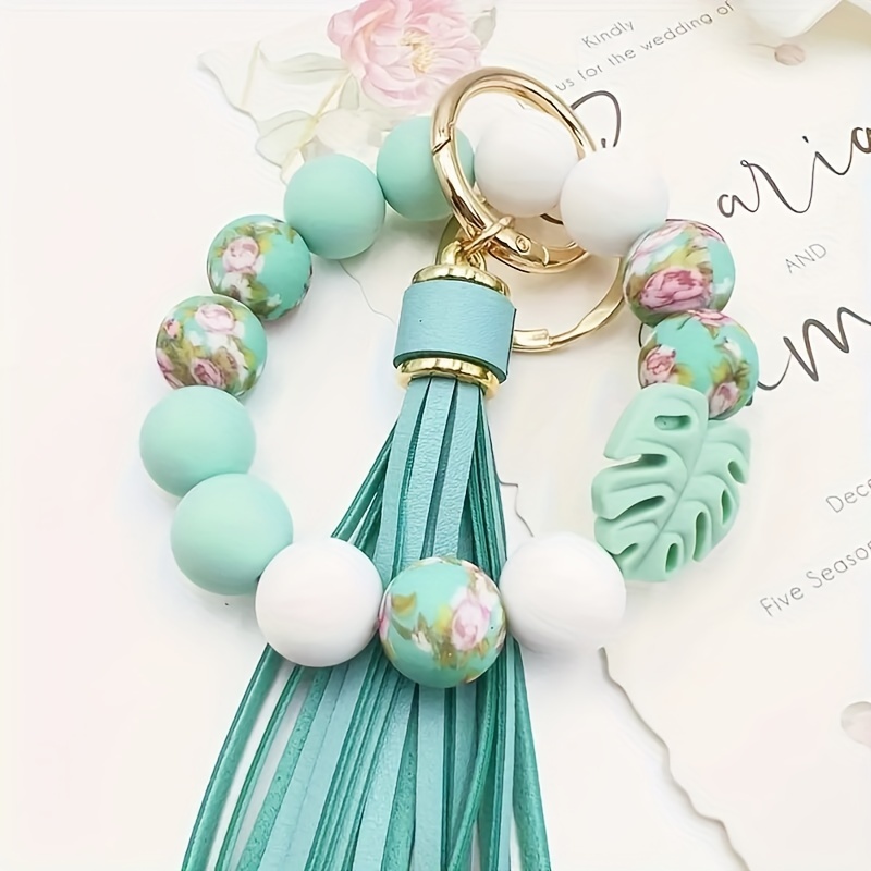 

Fashion Silicone Bead Keychain For Women, Boho Handbag Charm With Leaf Pendant, Colorful Spring/summer Tassel Accessory