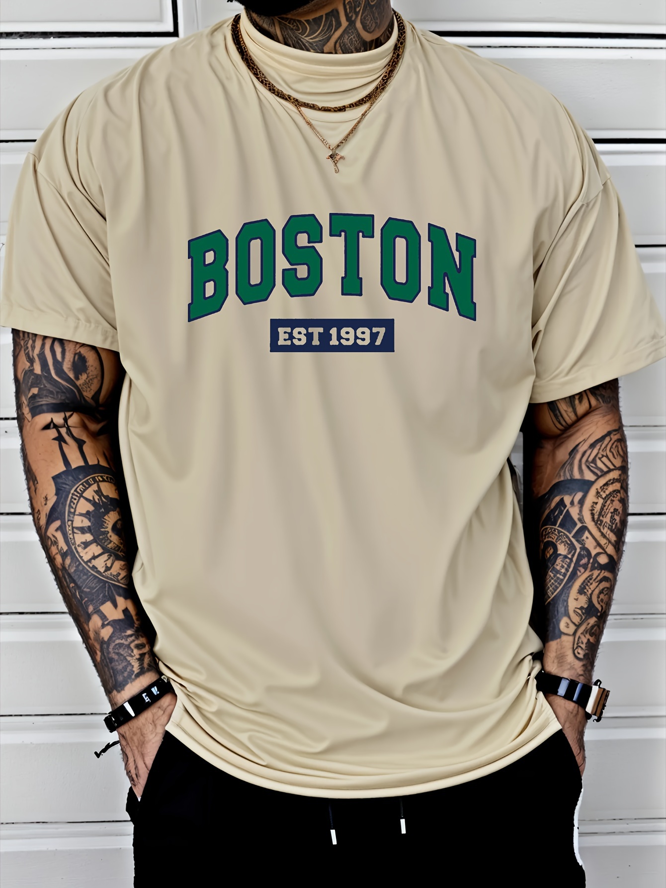 Men'S Boston Est. 1997 Graphic Print T-Shirt, Casual Crew Neck Short Sleeve Tee with Slight Stretch, Regular Fit, Letter Pattern Design, Perfect for Sports or Leisure Activities, Leisure Clothing | Trendy Crew Neck | Versatile Style