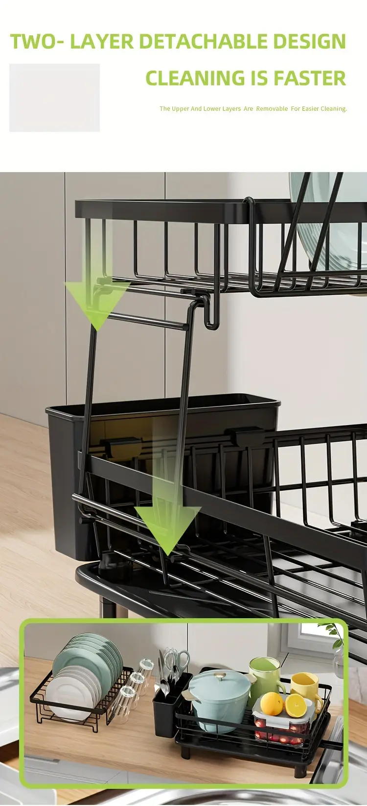 2 tier dish drying rack with drain tray and swivel drip spout multifunctional kitchen countertop storage organizer metal and plastic cup holder and cutlery holder space saving plate rack for home and apartment use 1pc Product details 4